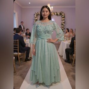 #706 Mint Green Chiffon Sequin Tea Length Dress - Size 8/Medium